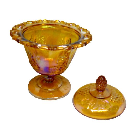 Carnival Glass Amber Marigold Grape Vine Harvest Pedestal Compote Candy Dish Lid - Picture 2 of 9